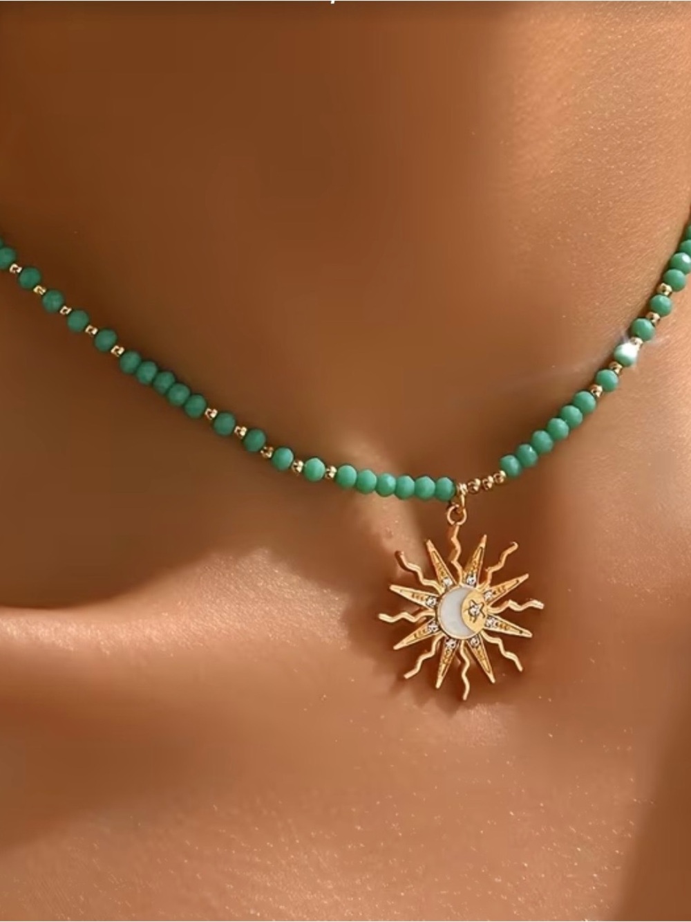 Gold Sun & Moon Pendant Beaded Necklace in Turquoise Color